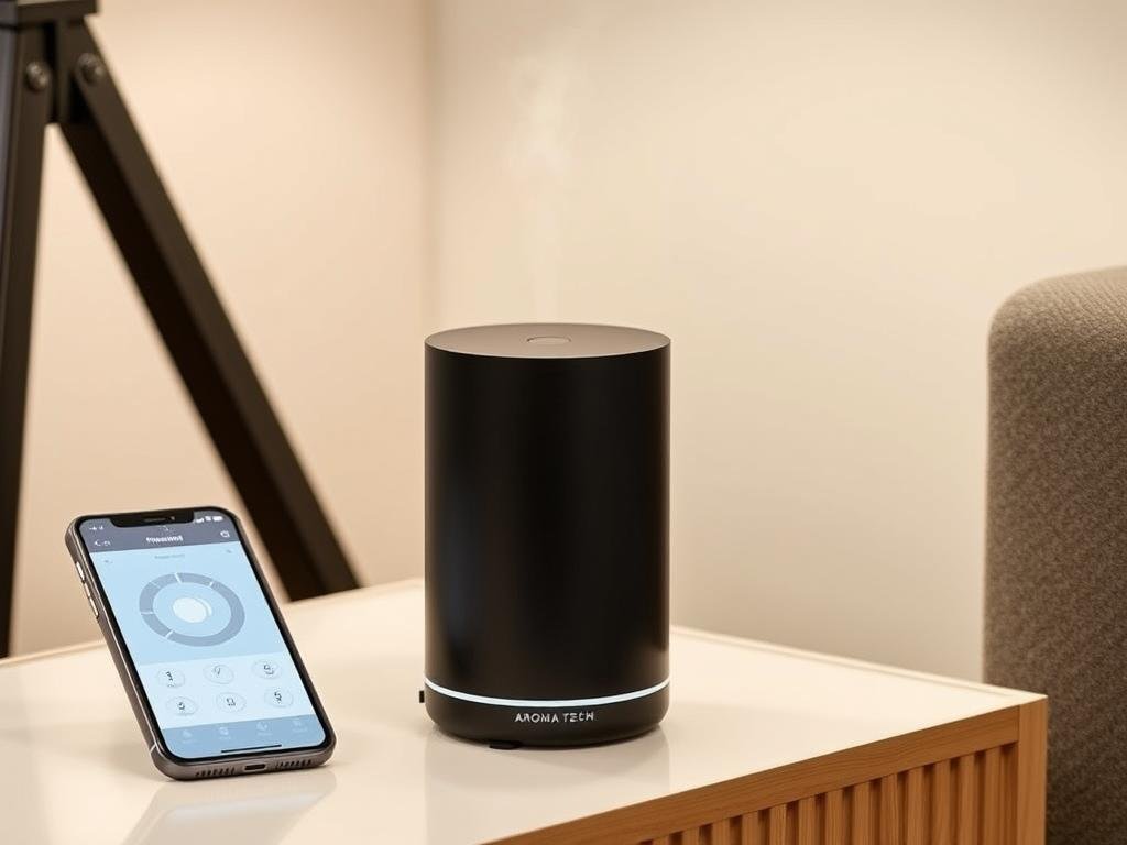 AromaTech AroMini BT diffuser with smartphone showing control app