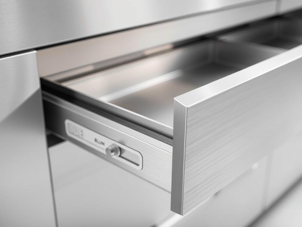 Blum LEGRABOX Pure Drawer System showing sleek stainless steel design and smooth operation