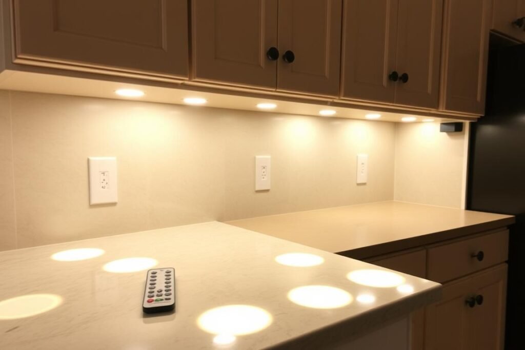 Brilliant Evolution LED puck lights installed under kitchen cabinets