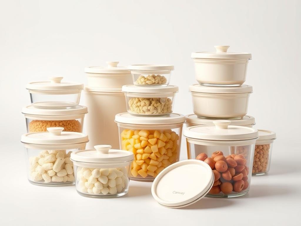 Caraway Food Storage Set showing ceramic-coated glass containers with matching lids