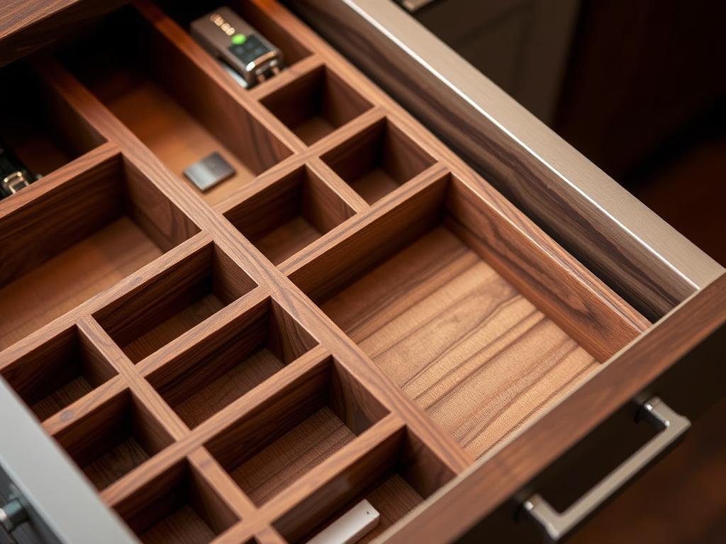 Close-up of luxury kitchen drawer organizers with premium wood dividers