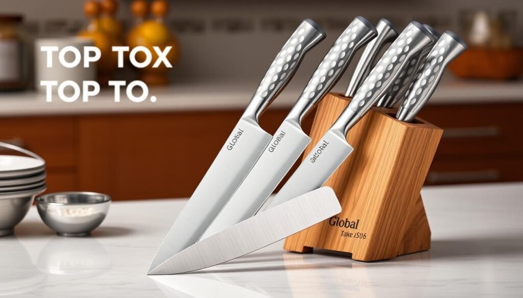 Global 7-Piece Takashi knife set with all-steel construction and distinctive dimpled handles