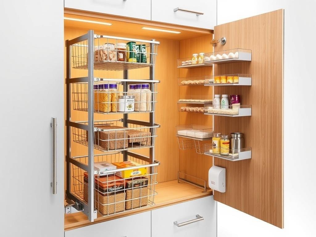 Häfele Pantry Pull-Out System showing full extension with multiple adjustable baskets