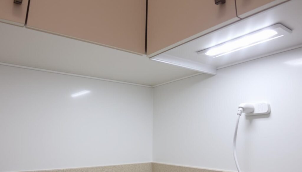 JUSJUBR LED Under-Cabinet Plug-In Light installed in a kitchen
