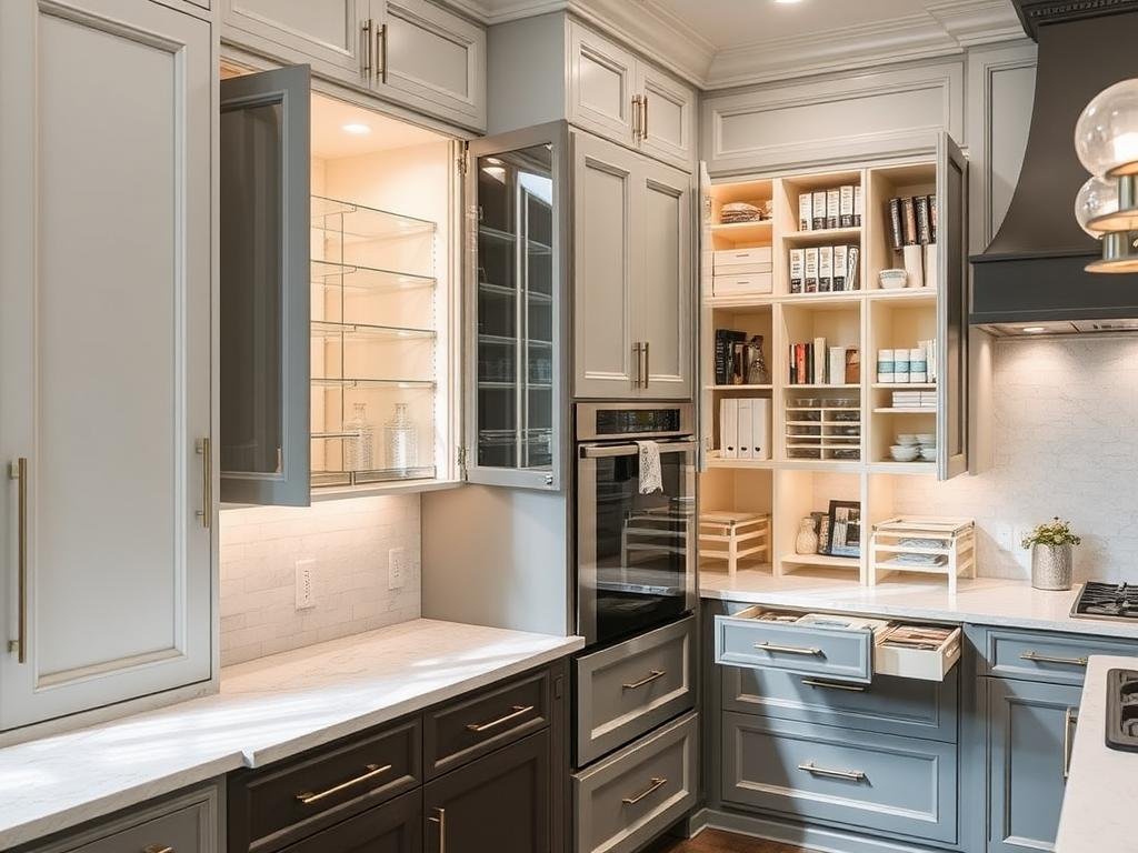 Luxury kitchen featuring multiple premium storage solutions integrated into cabinetry