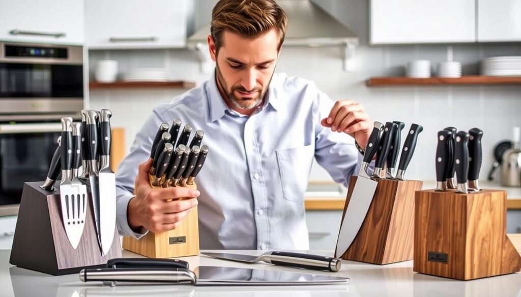 Person examining different knife sets in a kitchen with various knife blocks and blade types displayed