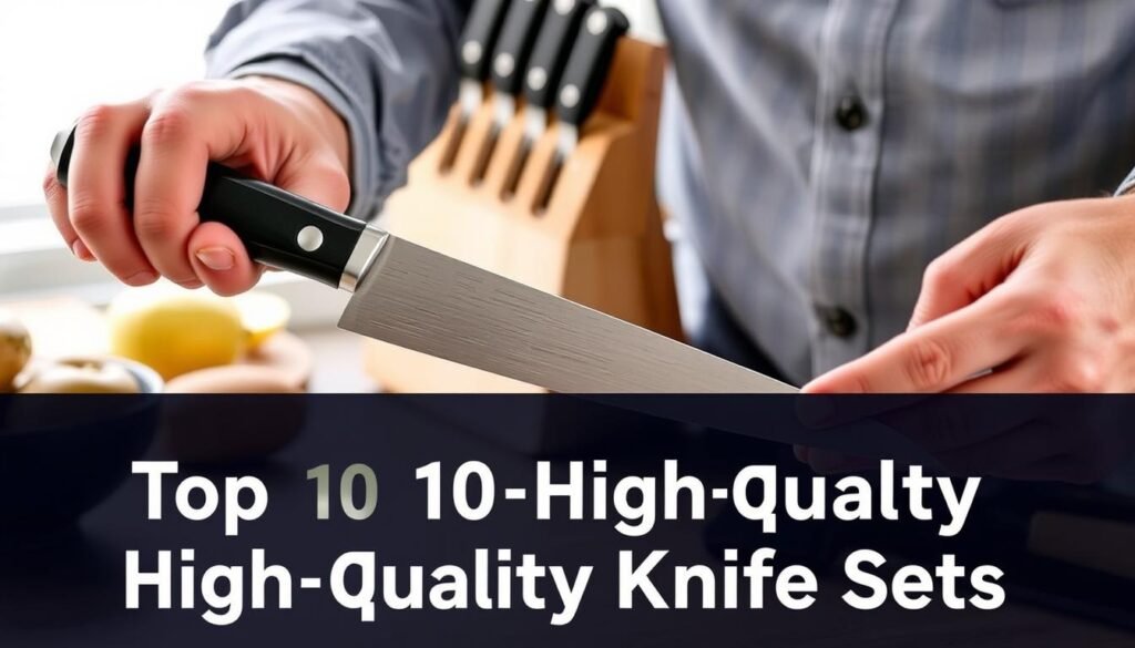 Person honing a kitchen knife on a honing rod with knife block and cutting board in background