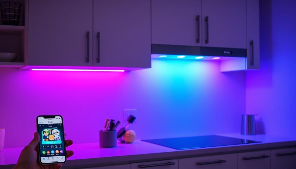 Philips Hue Lightstrip Plus showing color-changing capabilities under kitchen cabinets