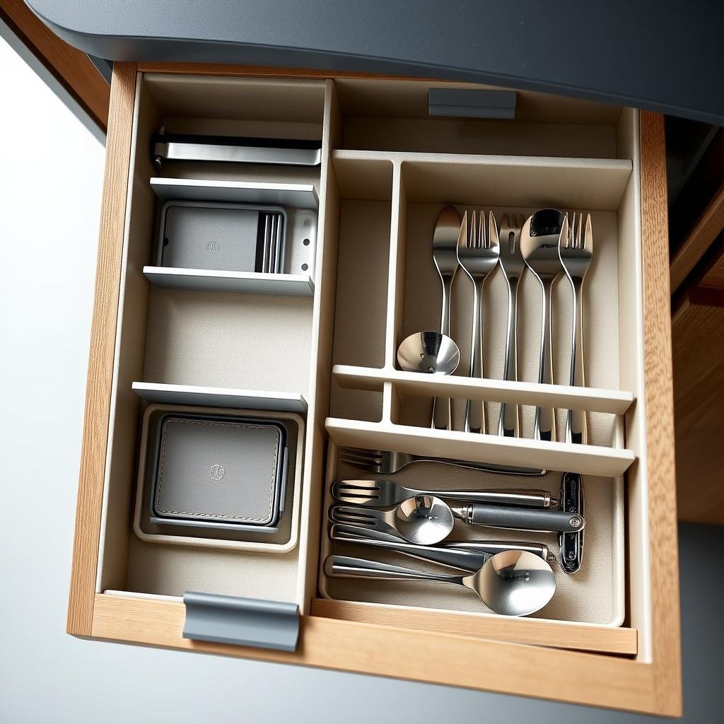 Poggenpohl +STAGE Drawer System with tiered storage and oak dividers