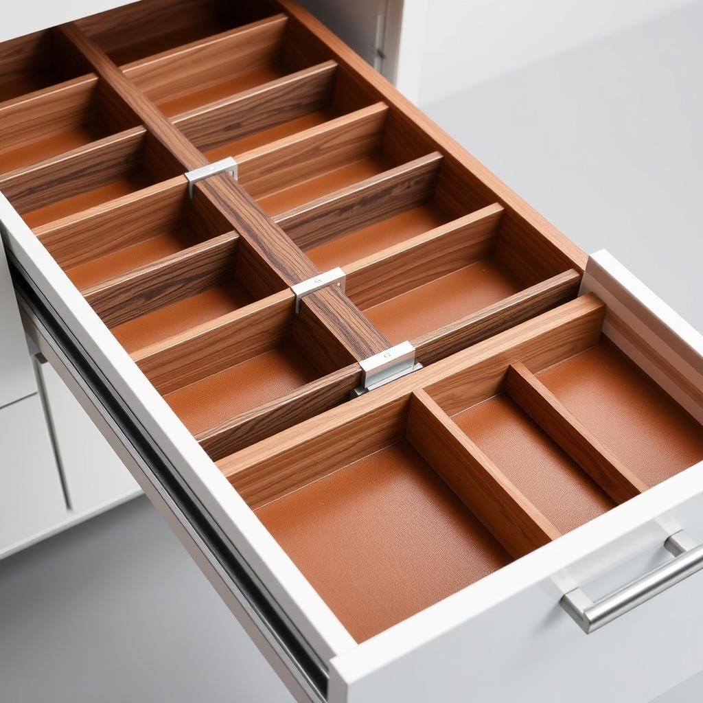 Poliform Varenna Drawer System with walnut dividers and aluminum accents