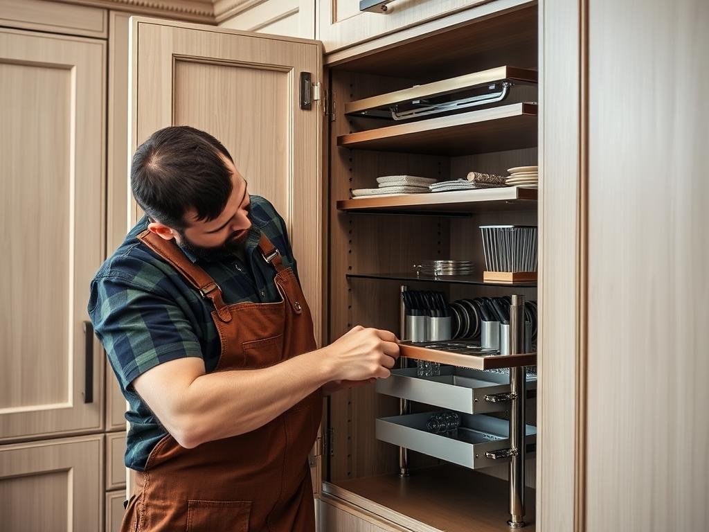 Professional installation of luxury kitchen storage system with precision measurements