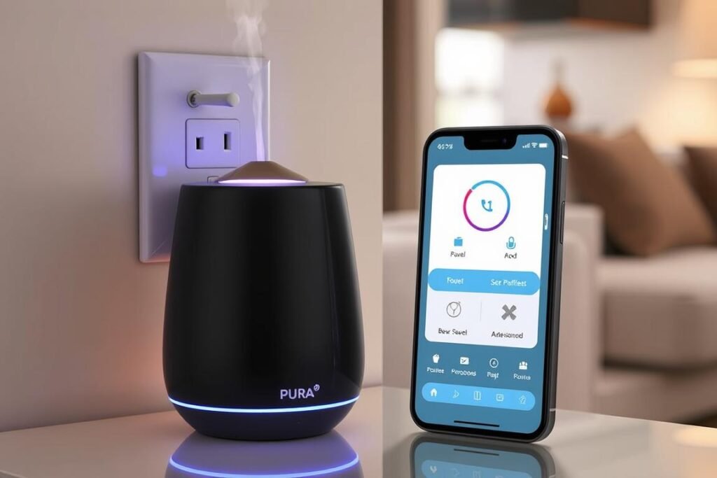Pura Smart Diffuser plugged into wall outlet with smartphone control