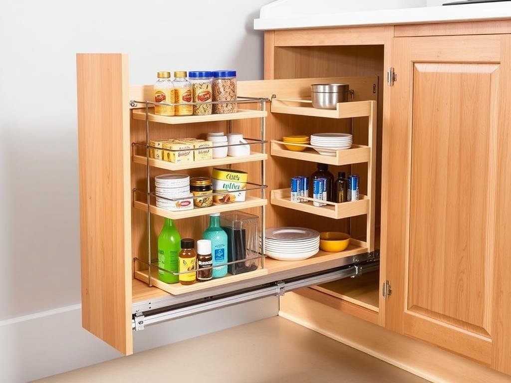 Rev-A-Shelf Wood Pull-Out Cabinet Organizer showing fully extended shelves with luxury kitchen items