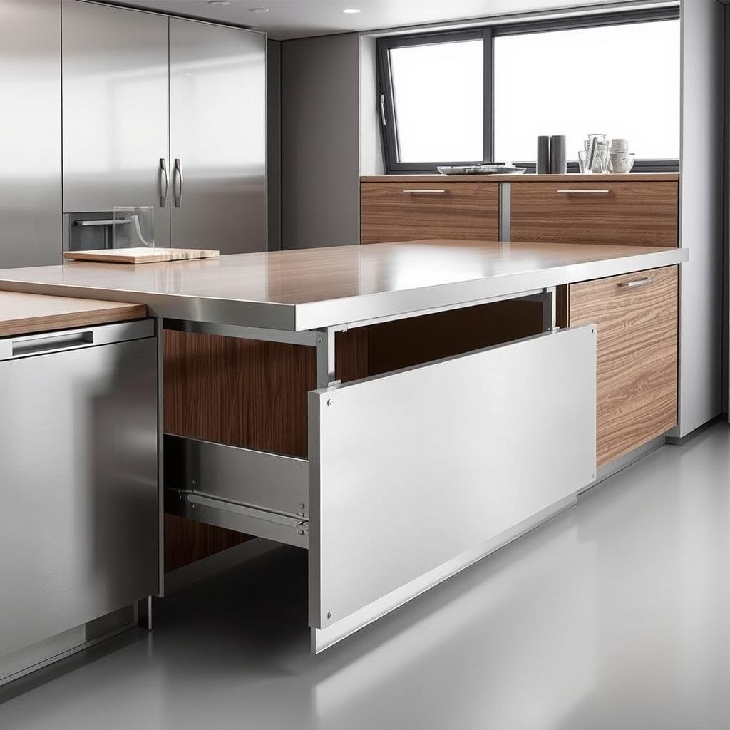 Rossana K-In K-Out System with sliding countertop revealing concealed storage