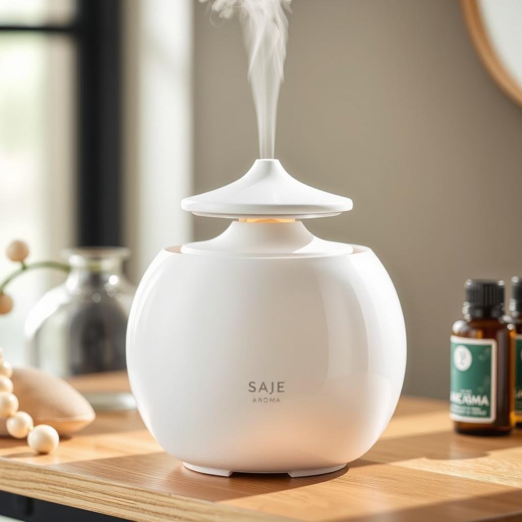 Saje Aroma Om Diffuser in white ceramic with visible mist