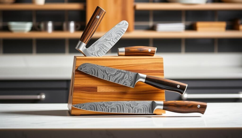 Shun Classic 5-Piece Starter Block knife set with Damascus pattern blades and Pakkawood handles