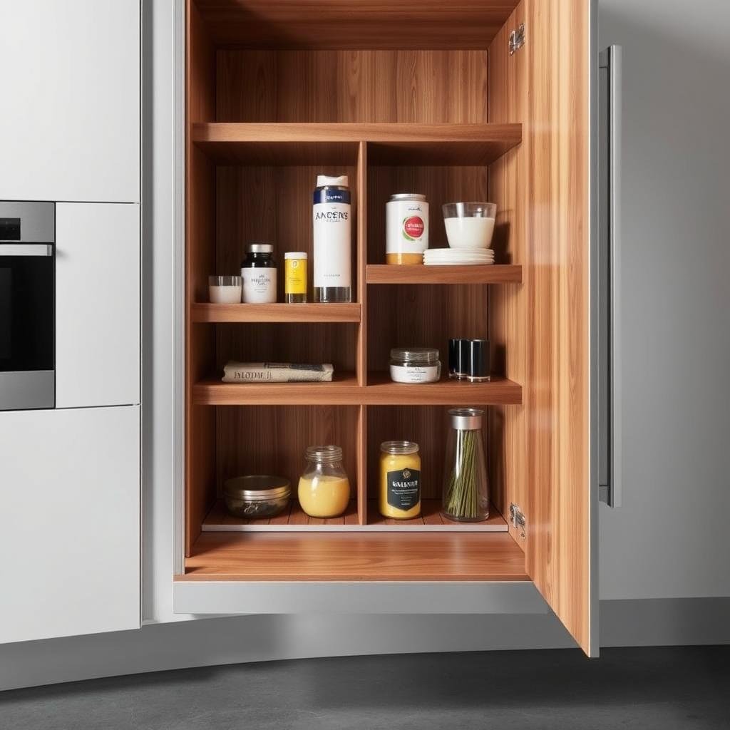 Snaidero Opera Pull-Out Pantry with walnut shelves and aluminum frame
