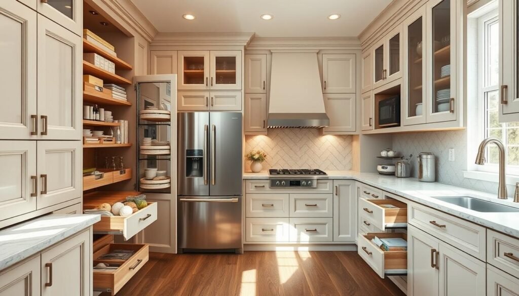Transformed luxury kitchen featuring multiple premium storage solutions creating an organized and elegant space