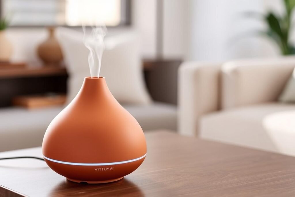 Vitruvi Move Cordless Diffuser in terracotta color with charging base