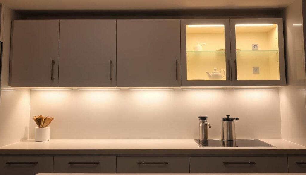 WOBANE LED strip lights installed under kitchen cabinets showing warm white illumination